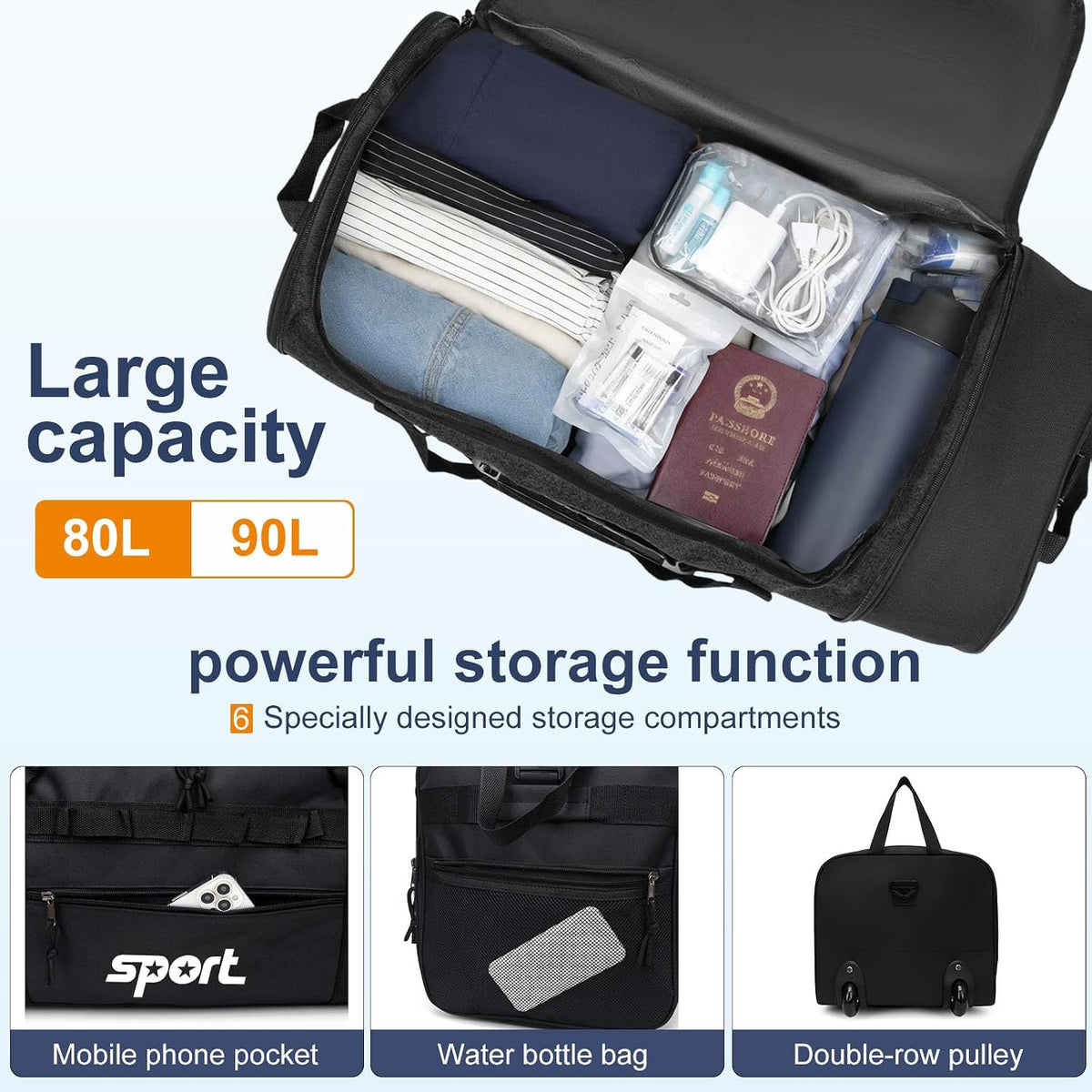 Large Rolling Duffel Bag for Travel with 2 Wheels Expandable Foldable Travel Bag No-Sag Design Lightweight Suitcase Luggage Bag for Men Women, Black