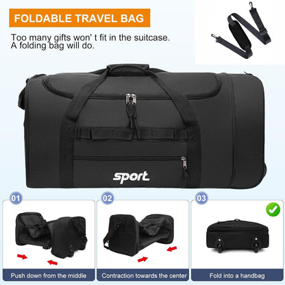 Large Rolling Duffel Bag for Travel with 2 Wheels Expandable Foldable Travel Bag No-Sag Design Lightweight Suitcase Luggage Bag for Men Women, Black