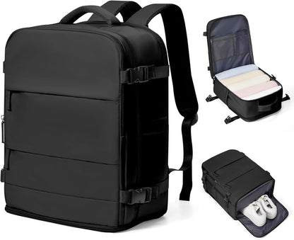 Travel Backpack For Women Men,Carry On Backpack Flight Approved,Hiking Backpack Water-Resistant Outdoor Sports Rucksack Casual Daypack Fit 15.6 Inch Laptop Shoes Compartment (Black)