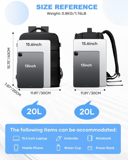 Travel Backpack For Women Men,Carry On Backpack Flight Approved,Hiking Backpack Water-Resistant Outdoor Sports Rucksack Casual Daypack Fit 15.6 Inch Laptop Shoes Compartment (Black)