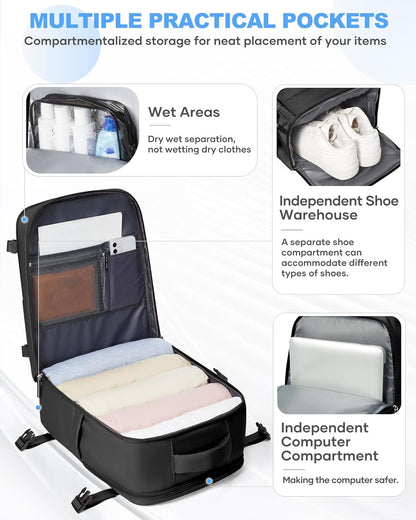 Travel Backpack For Women Men,Carry On Backpack Flight Approved,Hiking Backpack Water-Resistant Outdoor Sports Rucksack Casual Daypack Fit 15.6 Inch Laptop Shoes Compartment (Black)