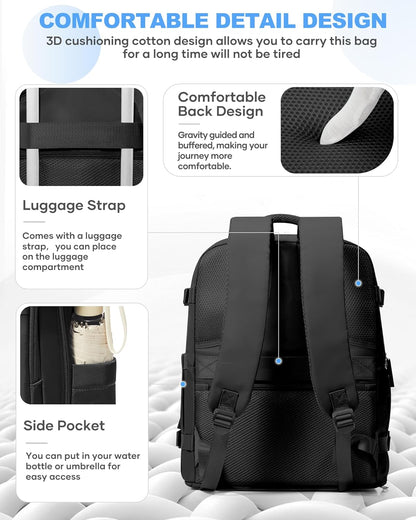 Travel Backpack For Women Men,Carry On Backpack Flight Approved,Hiking Backpack Water-Resistant Outdoor Sports Rucksack Casual Daypack Fit 15.6 Inch Laptop Shoes Compartment (Black)
