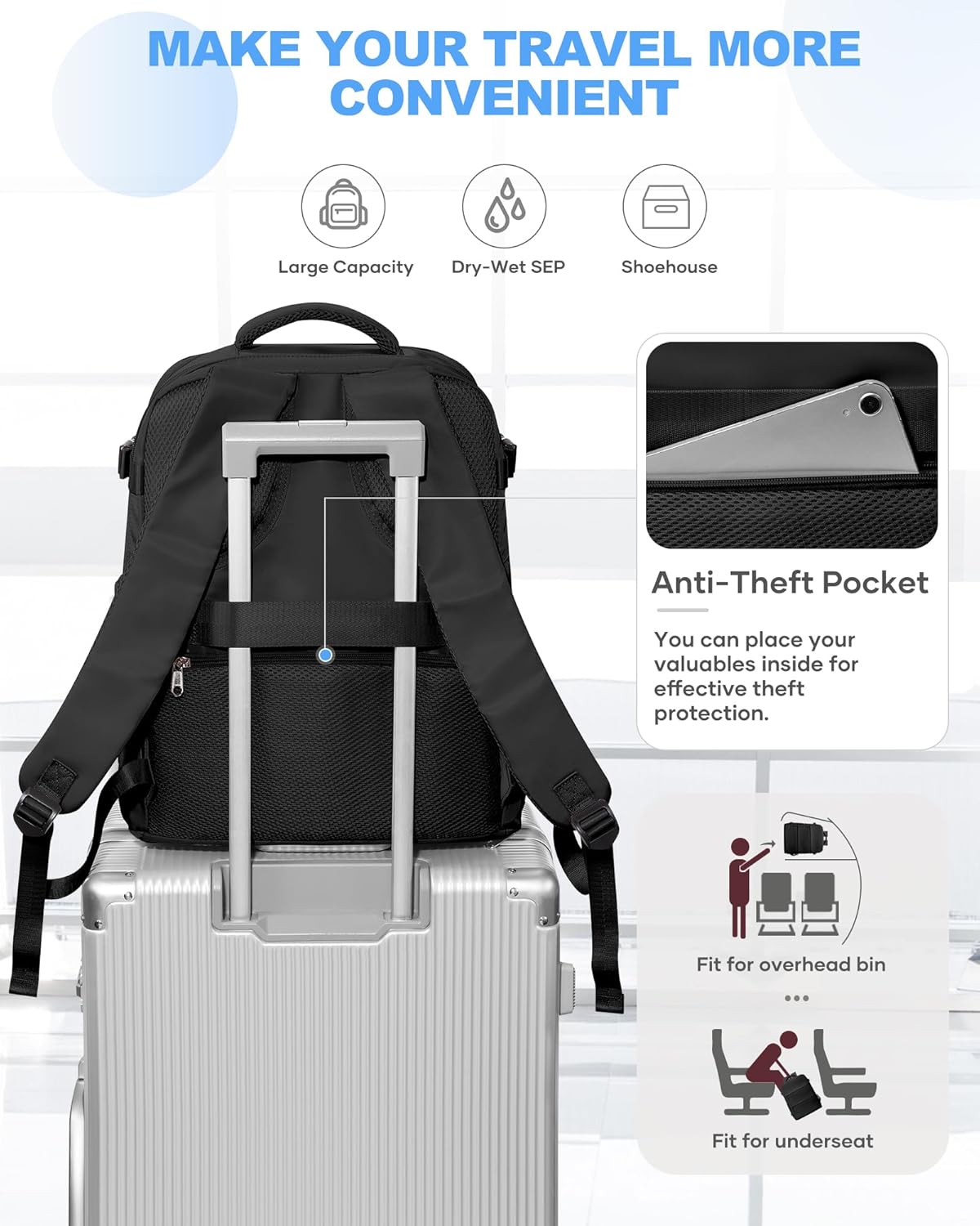 Travel Backpack For Women Men,Carry On Backpack Flight Approved,Hiking Backpack Water-Resistant Outdoor Sports Rucksack Casual Daypack Fit 15.6 Inch Laptop Shoes Compartment (Black)
