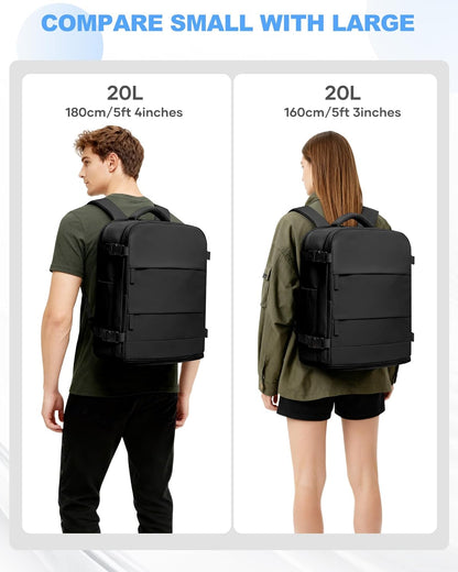 Travel Backpack For Women Men,Carry On Backpack Flight Approved,Hiking Backpack Water-Resistant Outdoor Sports Rucksack Casual Daypack Fit 15.6 Inch Laptop Shoes Compartment (Black)