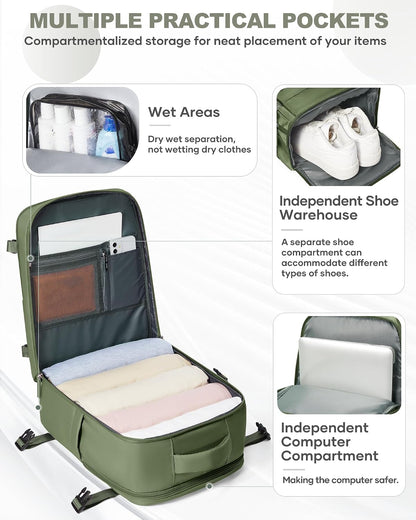 Travel Backpack For Women Men,Carry On Backpack Flight Approved,Hiking Backpack Water-Resistant Outdoor Sports Rucksack Casual Daypack Fit 15.6 Inch Laptop Shoes Compartment (Black)