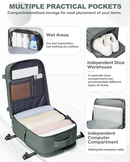 Travel Backpack For Women Men,Carry On Backpack Flight Approved,Hiking Backpack Water-Resistant Outdoor Sports Rucksack Casual Daypack Fit 15.6 Inch Laptop Shoes Compartment (Black)