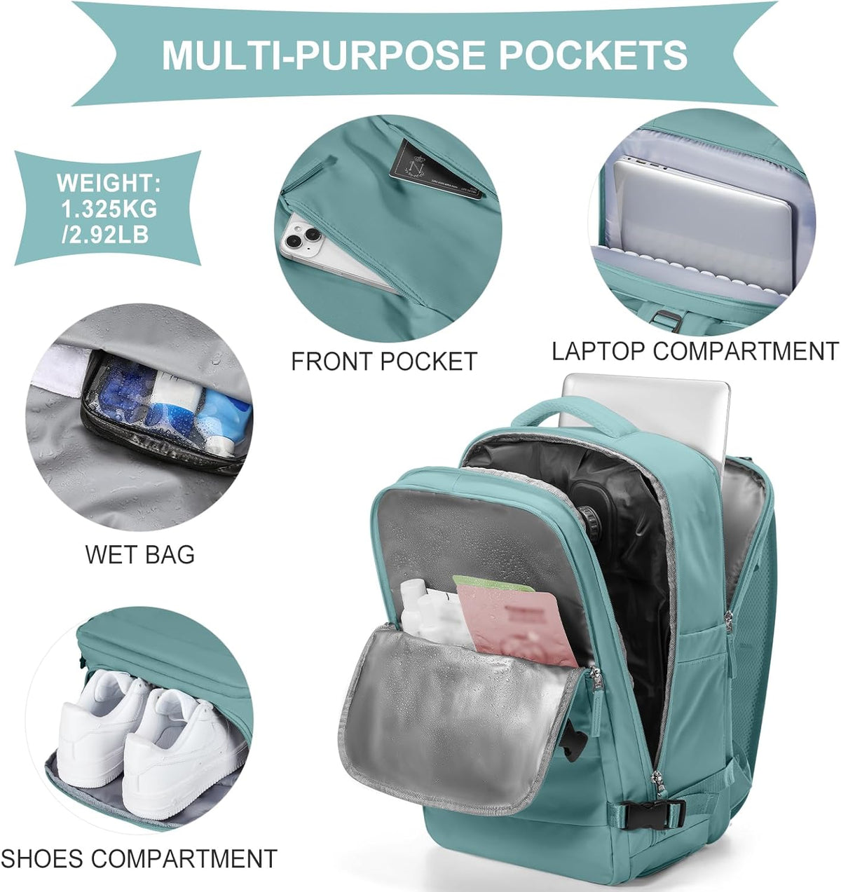 Travel Backpack For Women Men,Carry On Backpack Flight Approved,Hiking Backpack Water-Resistant Outdoor Sports Rucksack Casual Daypack Fit 15.6 Inch Laptop Shoes Compartment (Black)