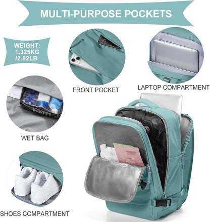 Travel Backpack For Women Men,Carry On Backpack Flight Approved,Hiking Backpack Water-Resistant Outdoor Sports Rucksack Casual Daypack Fit 15.6 Inch Laptop Shoes Compartment (Black)