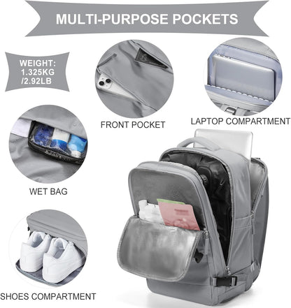 Travel Backpack For Women Men,Carry On Backpack Flight Approved,Hiking Backpack Water-Resistant Outdoor Sports Rucksack Casual Daypack Fit 15.6 Inch Laptop Shoes Compartment (Black)