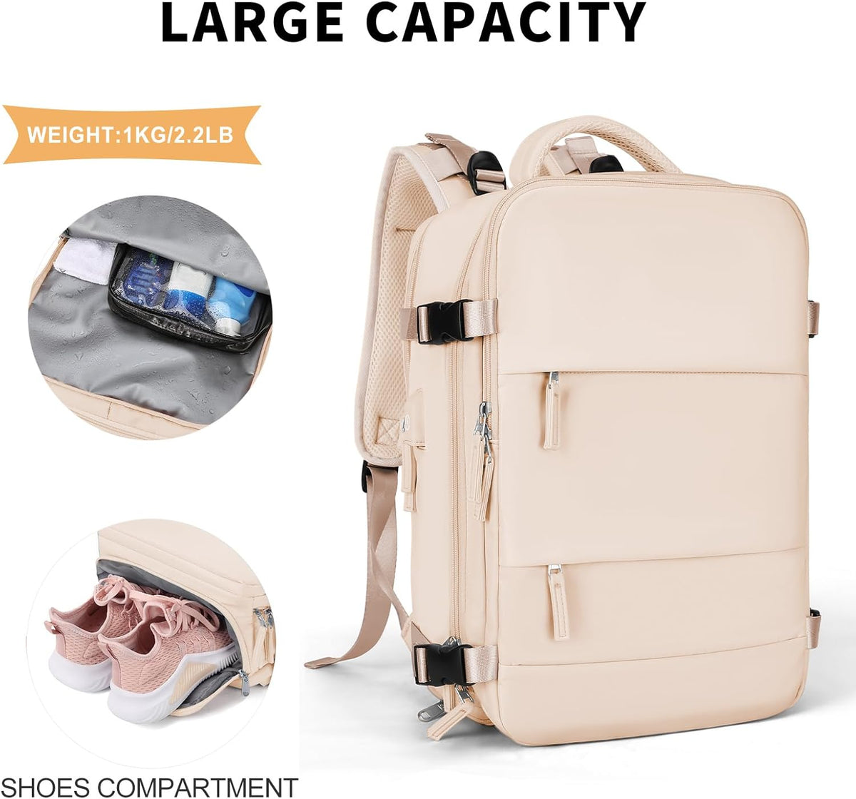 Travel Backpack For Women Men,Carry On Backpack Flight Approved,Hiking Backpack Water-Resistant Outdoor Sports Rucksack Casual Daypack Fit 15.6 Inch Laptop Shoes Compartment (Black)