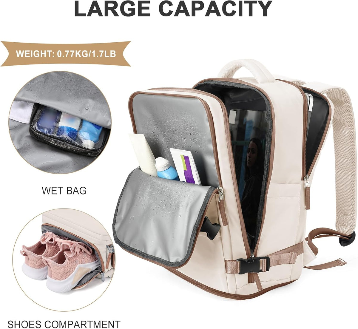 Travel Backpack For Women Men,Carry On Backpack Flight Approved,Hiking Backpack Water-Resistant Outdoor Sports Rucksack Casual Daypack Fit 15.6 Inch Laptop Shoes Compartment (Black)