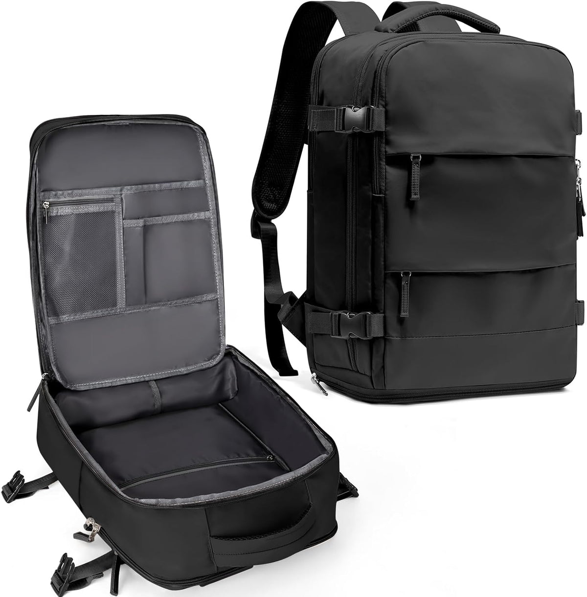 Travel Backpack For Women Men,Carry On Backpack Flight Approved,Hiking Backpack Water-Resistant Outdoor Sports Rucksack Casual Daypack Fit 15.6 Inch Laptop Shoes Compartment (Black)