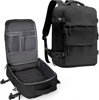 Travel Backpack For Women Men,Carry On Backpack Flight Approved,Hiking Backpack Water-Resistant Outdoor Sports Rucksack Casual Daypack Fit 15.6 Inch Laptop Shoes Compartment (Black)