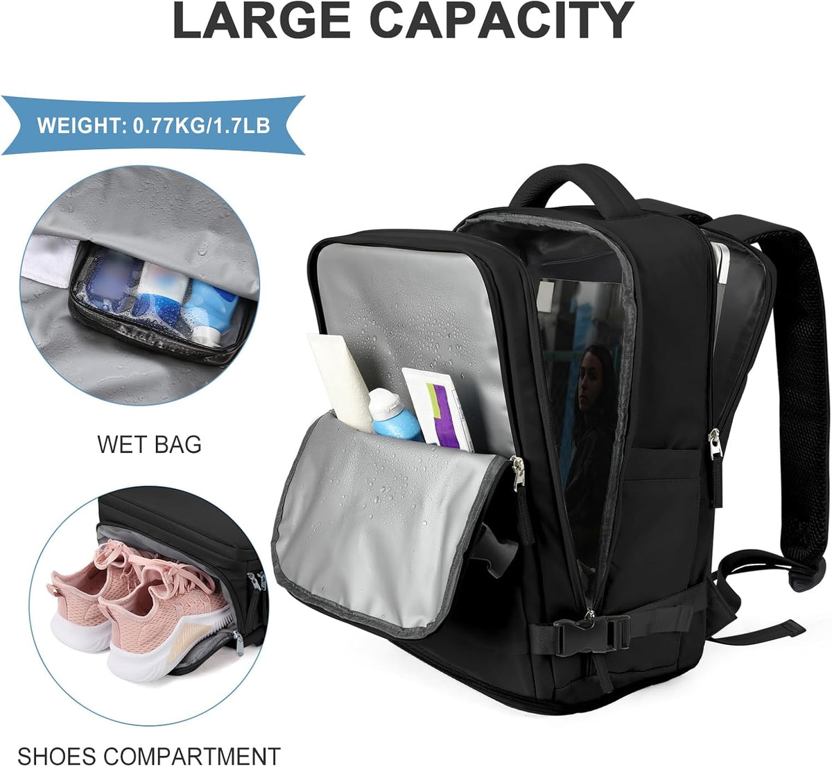 Travel Backpack For Women Men,Carry On Backpack Flight Approved,Hiking Backpack Water-Resistant Outdoor Sports Rucksack Casual Daypack Fit 15.6 Inch Laptop Shoes Compartment (Black)