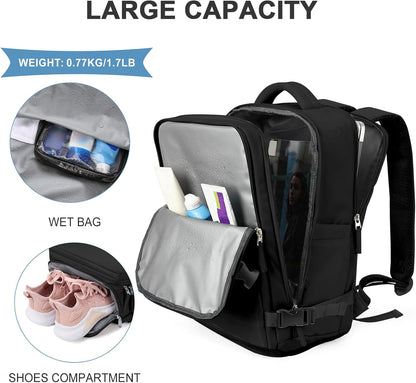 Travel Backpack For Women Men,Carry On Backpack Flight Approved,Hiking Backpack Water-Resistant Outdoor Sports Rucksack Casual Daypack Fit 15.6 Inch Laptop Shoes Compartment (Black)