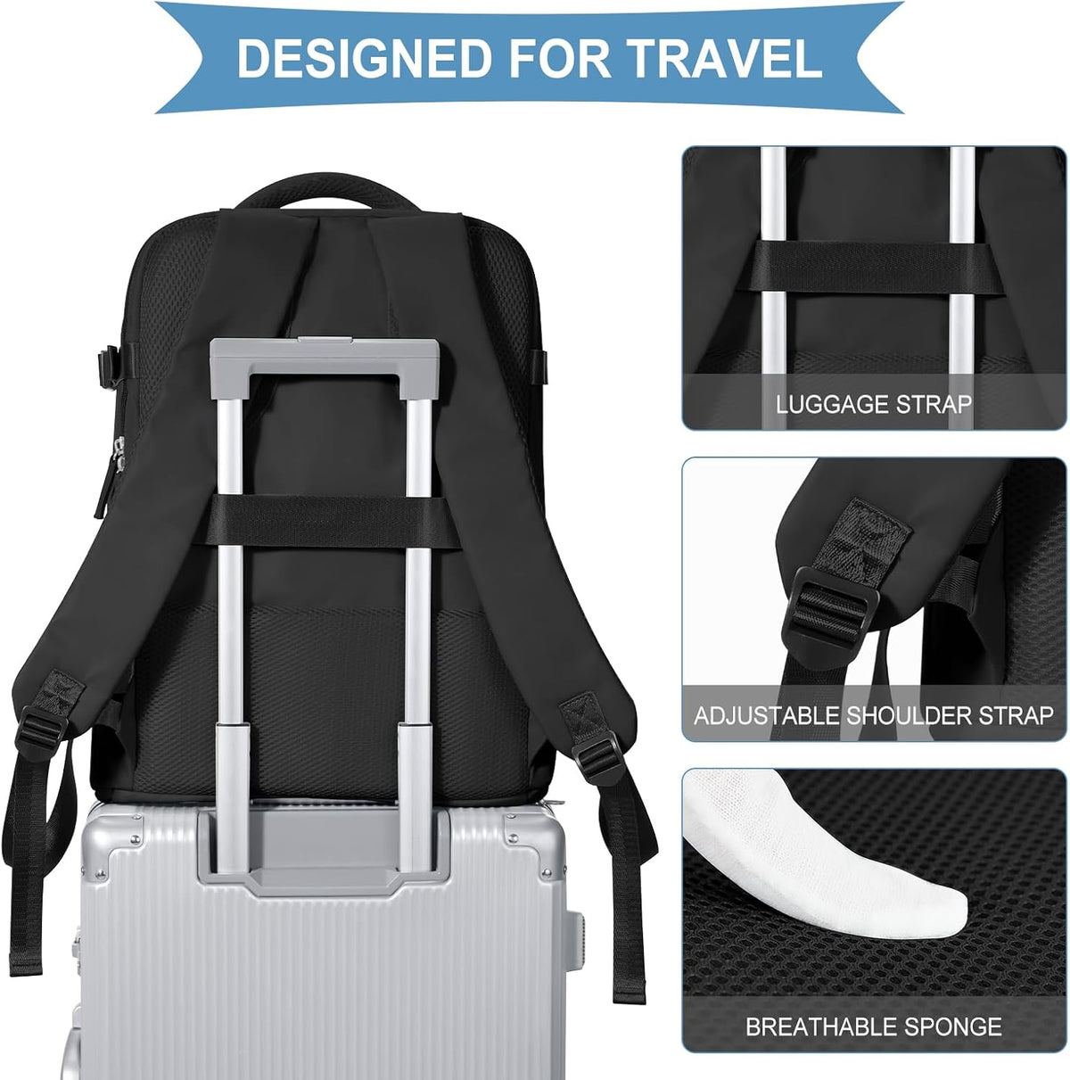 Travel Backpack For Women Men,Carry On Backpack Flight Approved,Hiking Backpack Water-Resistant Outdoor Sports Rucksack Casual Daypack Fit 15.6 Inch Laptop Shoes Compartment (Black)