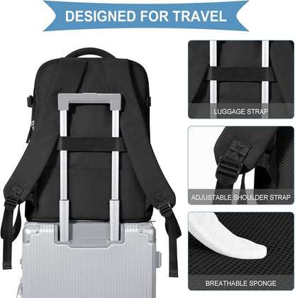 Travel Backpack For Women Men,Carry On Backpack Flight Approved,Hiking Backpack Water-Resistant Outdoor Sports Rucksack Casual Daypack Fit 15.6 Inch Laptop Shoes Compartment (Black)