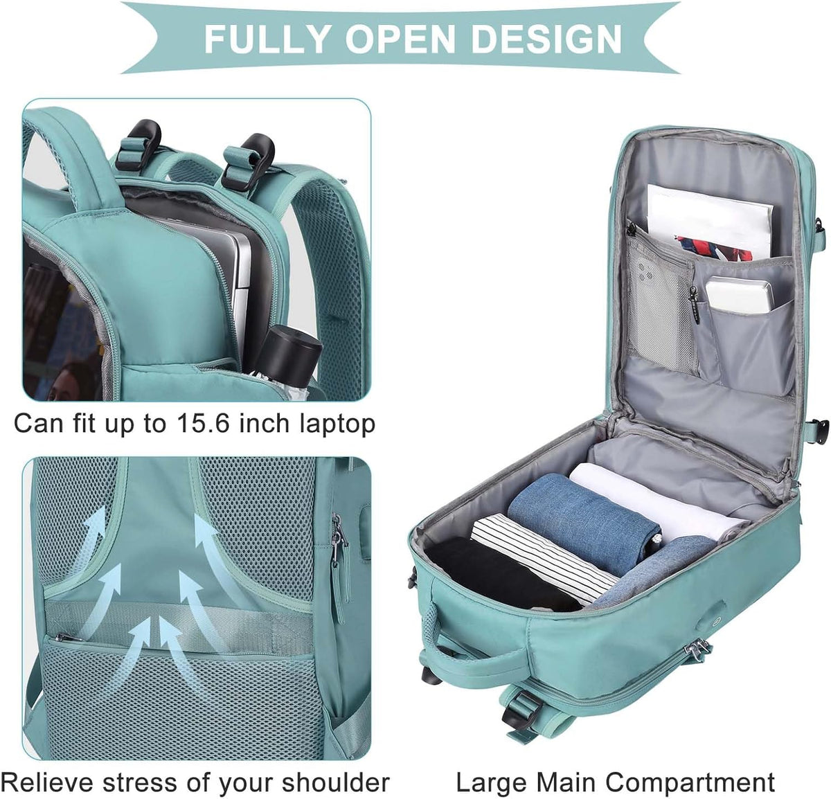 Travel Backpack For Women Men,Carry On Backpack Flight Approved,Hiking Backpack Water-Resistant Outdoor Sports Rucksack Casual Daypack Fit 15.6 Inch Laptop Shoes Compartment (Black)
