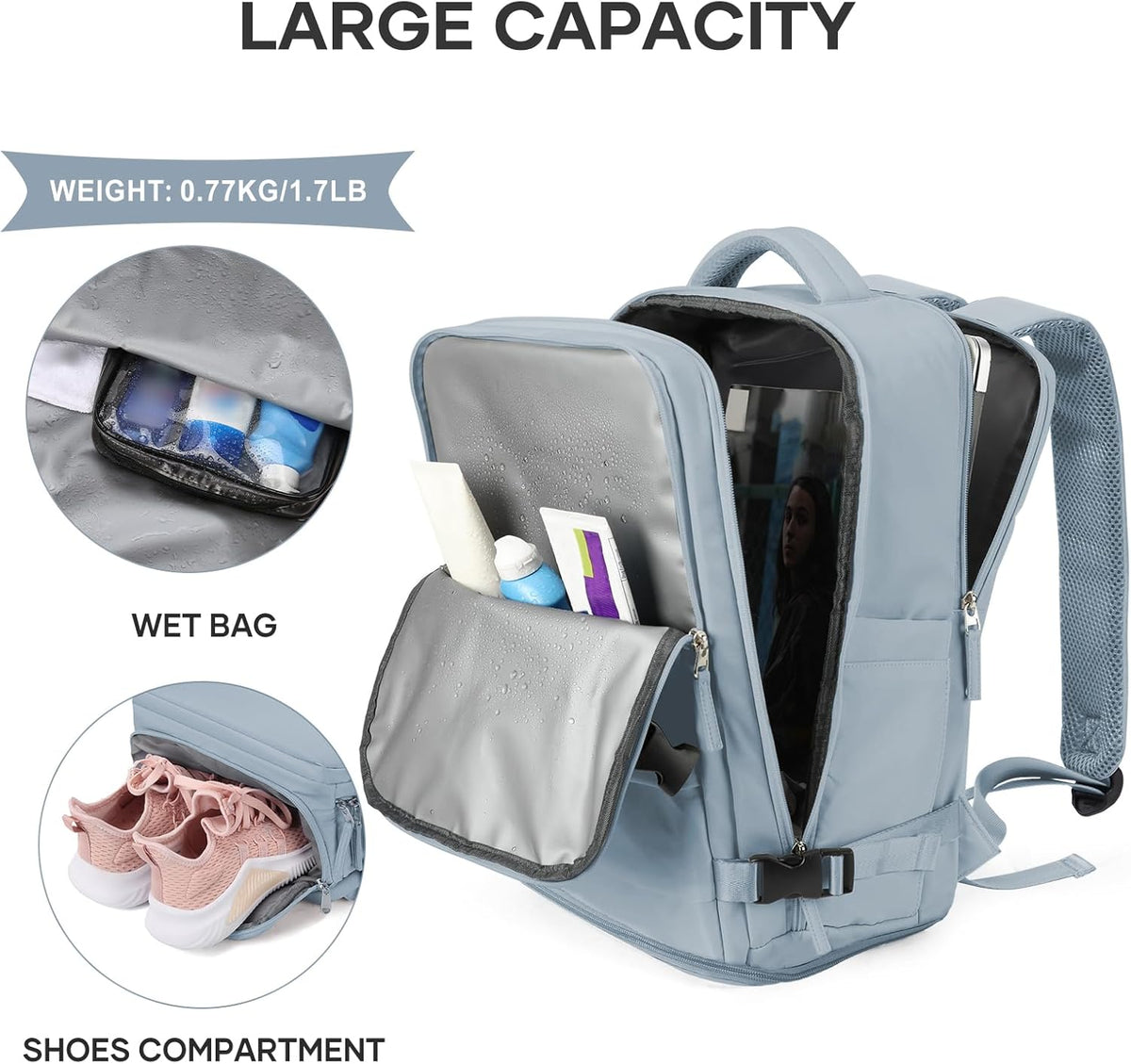 Travel Backpack For Women Men,Carry On Backpack Flight Approved,Hiking Backpack Water-Resistant Outdoor Sports Rucksack Casual Daypack Fit 15.6 Inch Laptop Shoes Compartment (Black)