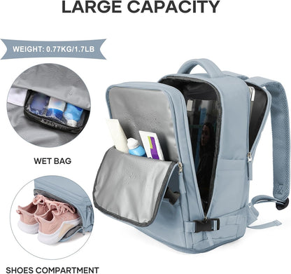 Travel Backpack For Women Men,Carry On Backpack Flight Approved,Hiking Backpack Water-Resistant Outdoor Sports Rucksack Casual Daypack Fit 15.6 Inch Laptop Shoes Compartment (Black)