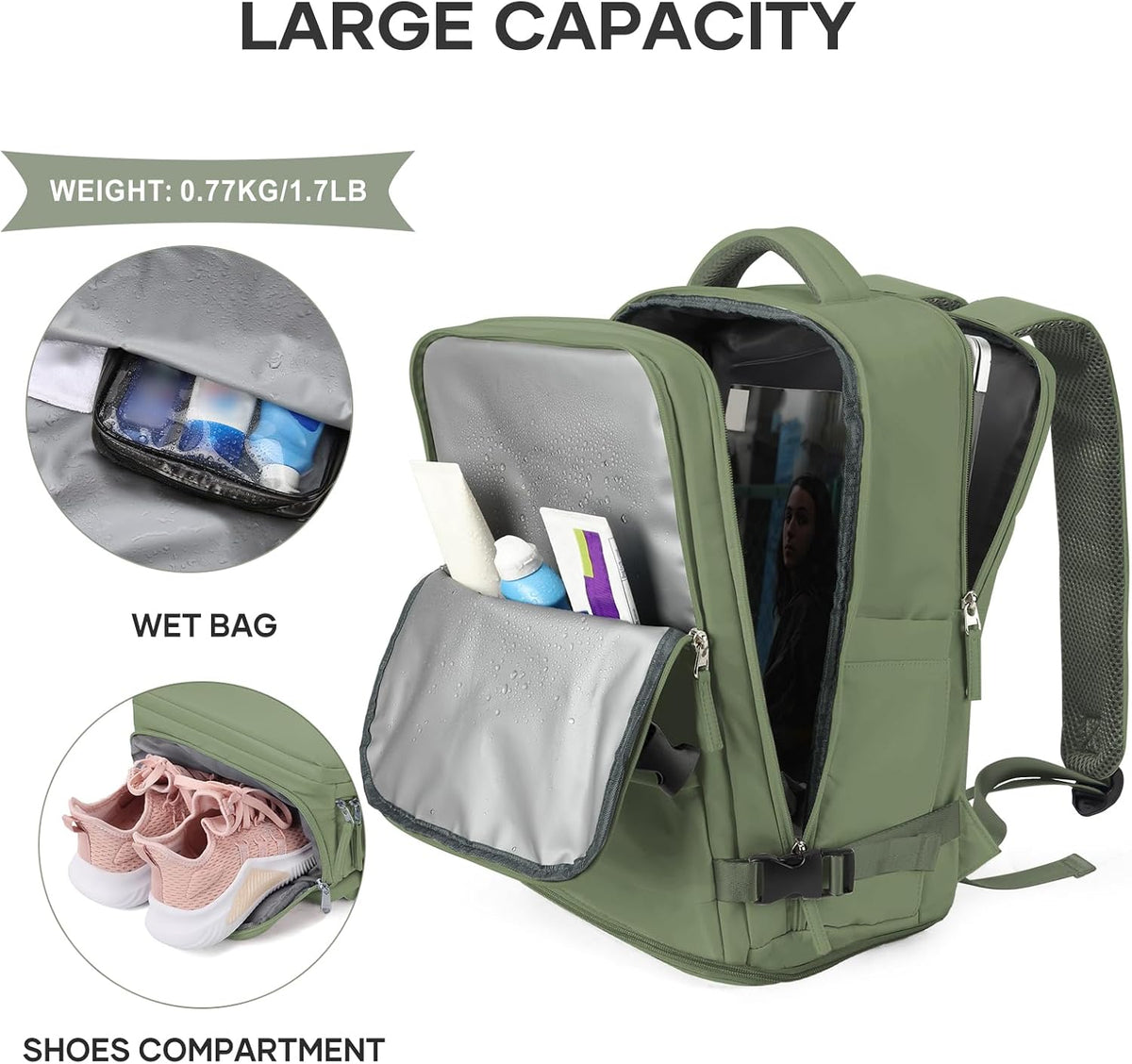 Travel Backpack For Women Men,Carry On Backpack Flight Approved,Hiking Backpack Water-Resistant Outdoor Sports Rucksack Casual Daypack Fit 15.6 Inch Laptop Shoes Compartment (Black)