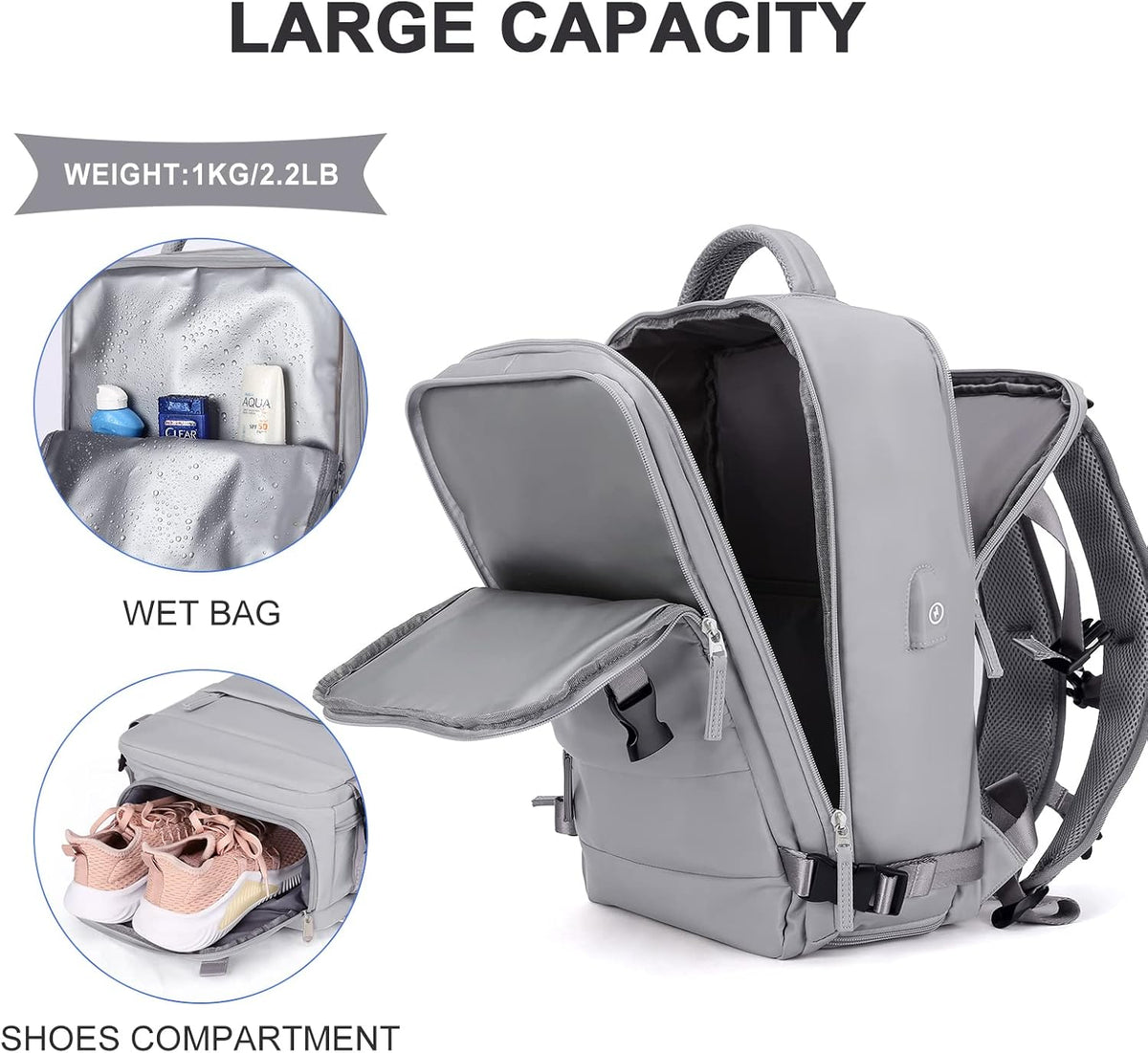 Travel Backpack For Women Men,Carry On Backpack Flight Approved,Hiking Backpack Water-Resistant Outdoor Sports Rucksack Casual Daypack Fit 15.6 Inch Laptop Shoes Compartment (Black)