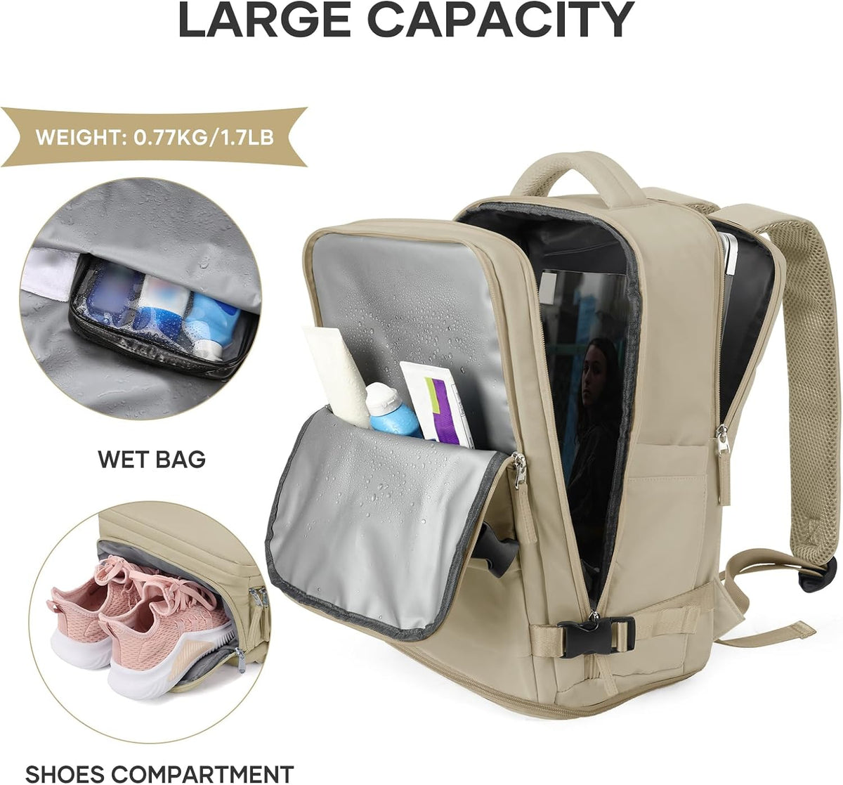 Travel Backpack For Women Men,Carry On Backpack Flight Approved,Hiking Backpack Water-Resistant Outdoor Sports Rucksack Casual Daypack Fit 15.6 Inch Laptop Shoes Compartment (Black)
