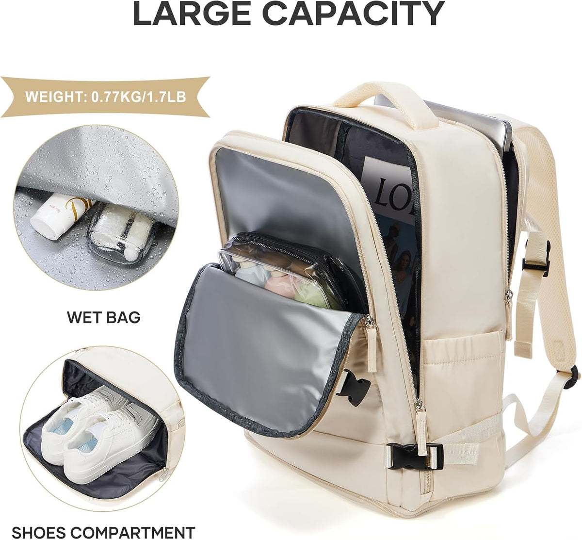 Travel Backpack For Women Men,Carry On Backpack Flight Approved,Hiking Backpack Water-Resistant Outdoor Sports Rucksack Casual Daypack Fit 15.6 Inch Laptop Shoes Compartment (Black)
