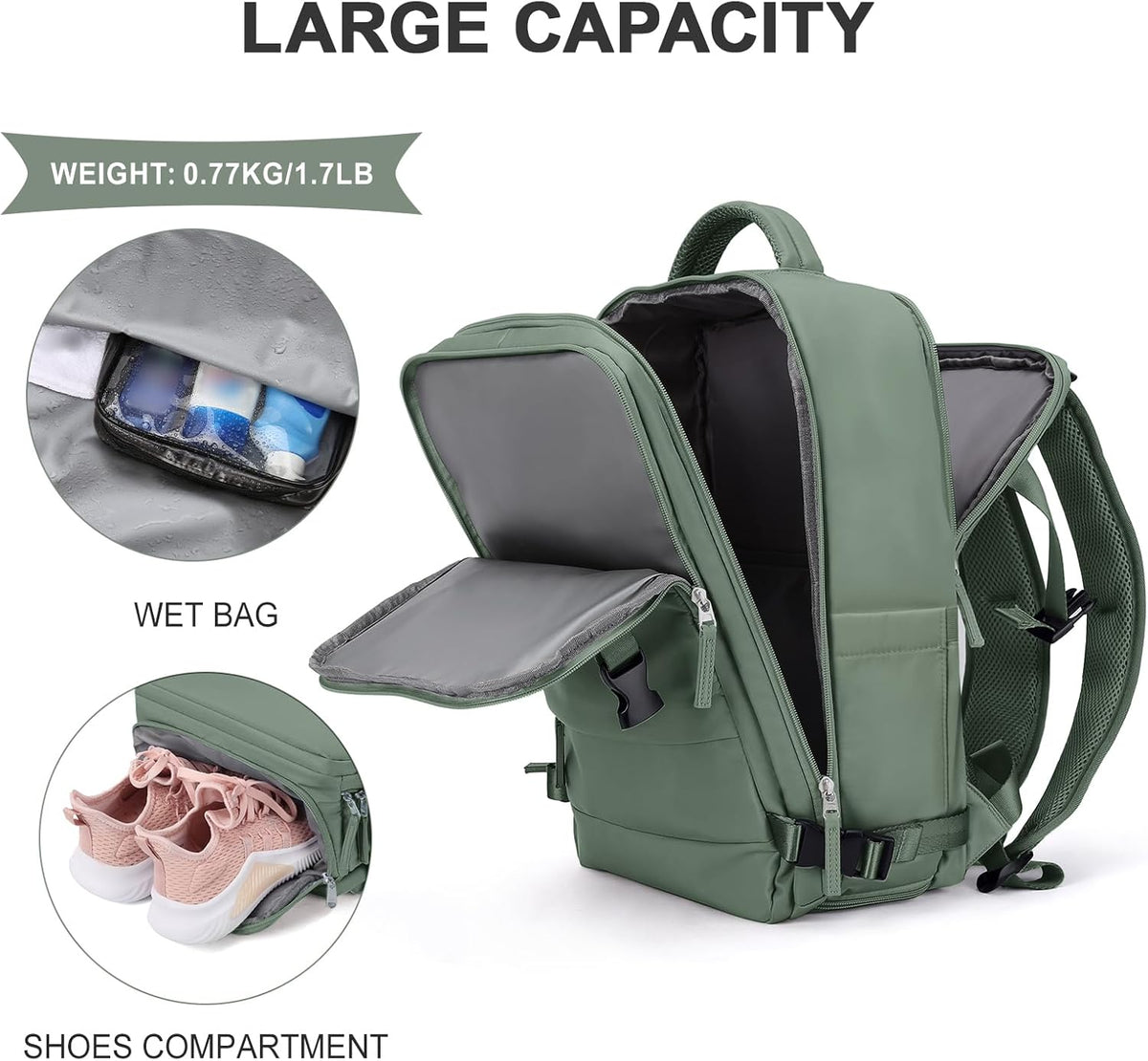 Travel Backpack For Women Men,Carry On Backpack Flight Approved,Hiking Backpack Water-Resistant Outdoor Sports Rucksack Casual Daypack Fit 15.6 Inch Laptop Shoes Compartment (Black)
