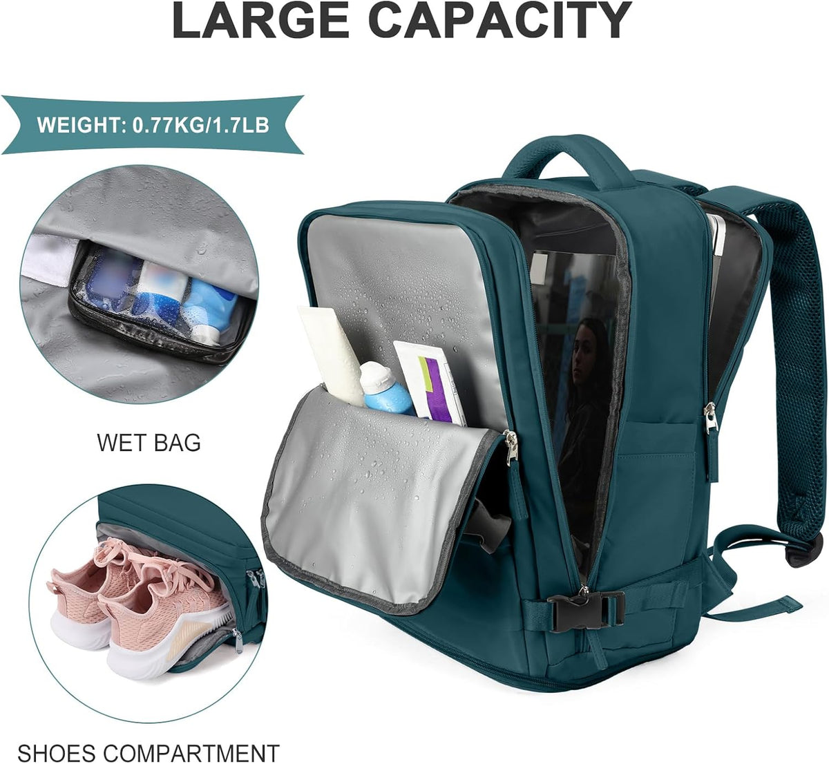 Travel Backpack For Women Men,Carry On Backpack Flight Approved,Hiking Backpack Water-Resistant Outdoor Sports Rucksack Casual Daypack Fit 15.6 Inch Laptop Shoes Compartment (Black)