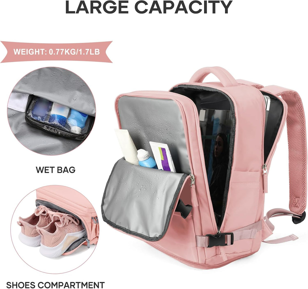 Travel Backpack For Women Men,Carry On Backpack Flight Approved,Hiking Backpack Water-Resistant Outdoor Sports Rucksack Casual Daypack Fit 15.6 Inch Laptop Shoes Compartment (Black)