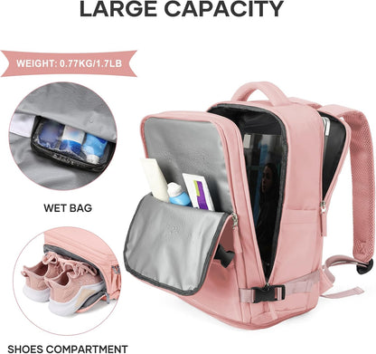 Travel Backpack For Women Men,Carry On Backpack Flight Approved,Hiking Backpack Water-Resistant Outdoor Sports Rucksack Casual Daypack Fit 15.6 Inch Laptop Shoes Compartment (Black)