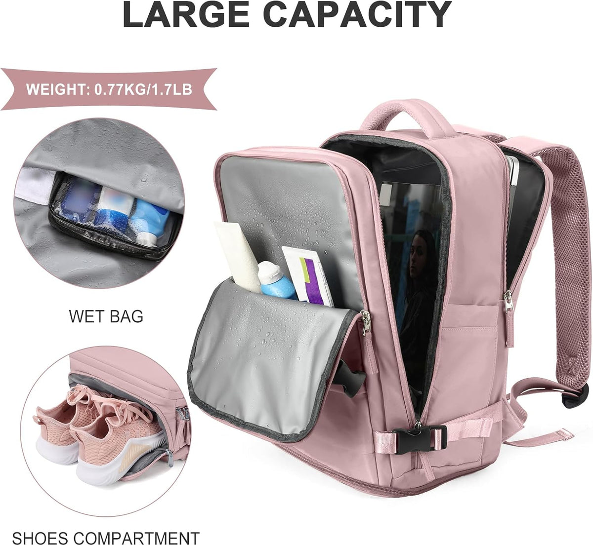 Travel Backpack For Women Men,Carry On Backpack Flight Approved,Hiking Backpack Water-Resistant Outdoor Sports Rucksack Casual Daypack Fit 15.6 Inch Laptop Shoes Compartment (Black)