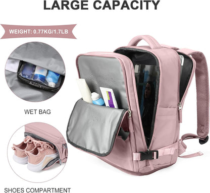 Travel Backpack For Women Men,Carry On Backpack Flight Approved,Hiking Backpack Water-Resistant Outdoor Sports Rucksack Casual Daypack Fit 15.6 Inch Laptop Shoes Compartment (Black)