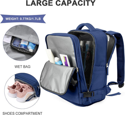 Travel Backpack For Women Men,Carry On Backpack Flight Approved,Hiking Backpack Water-Resistant Outdoor Sports Rucksack Casual Daypack Fit 15.6 Inch Laptop Shoes Compartment (Black)