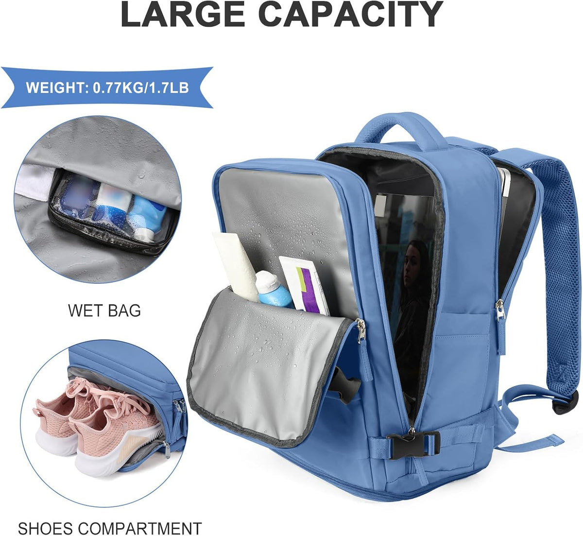 Travel Backpack For Women Men,Carry On Backpack Flight Approved,Hiking Backpack Water-Resistant Outdoor Sports Rucksack Casual Daypack Fit 15.6 Inch Laptop Shoes Compartment (Black)