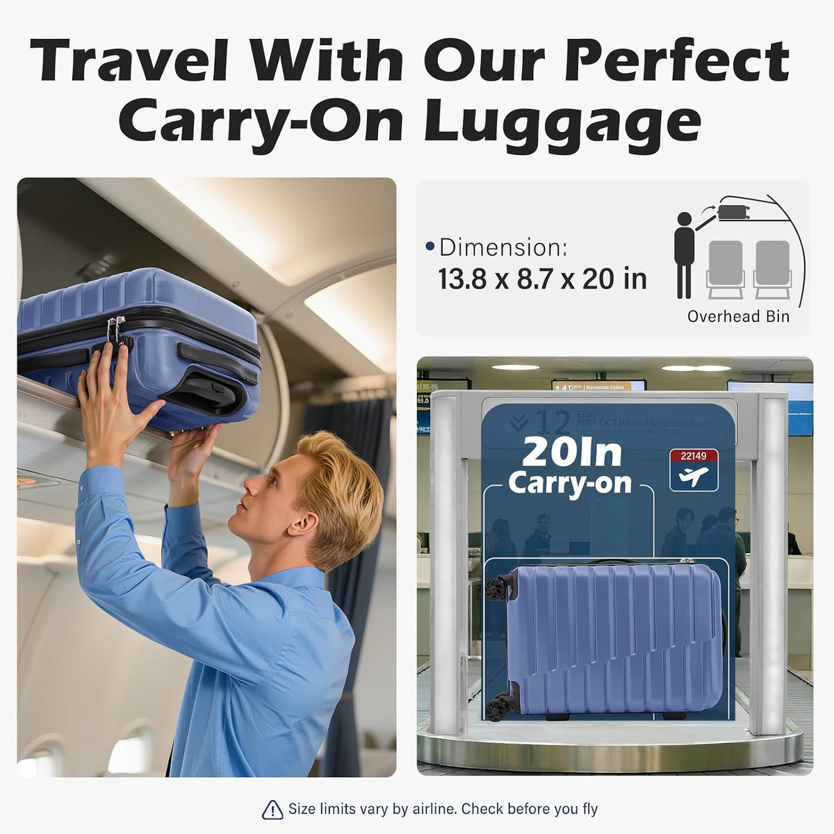 Carry On Luggage Airline Approved with Spinner Wheels, Hard Shell Suitcase TSA Lock Lightweight Travel Luggage 20-inch,Blue
