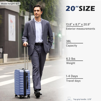 Carry On Luggage Airline Approved with Spinner Wheels, Hard Shell Suitcase TSA Lock Lightweight Travel Luggage 20-inch,Blue