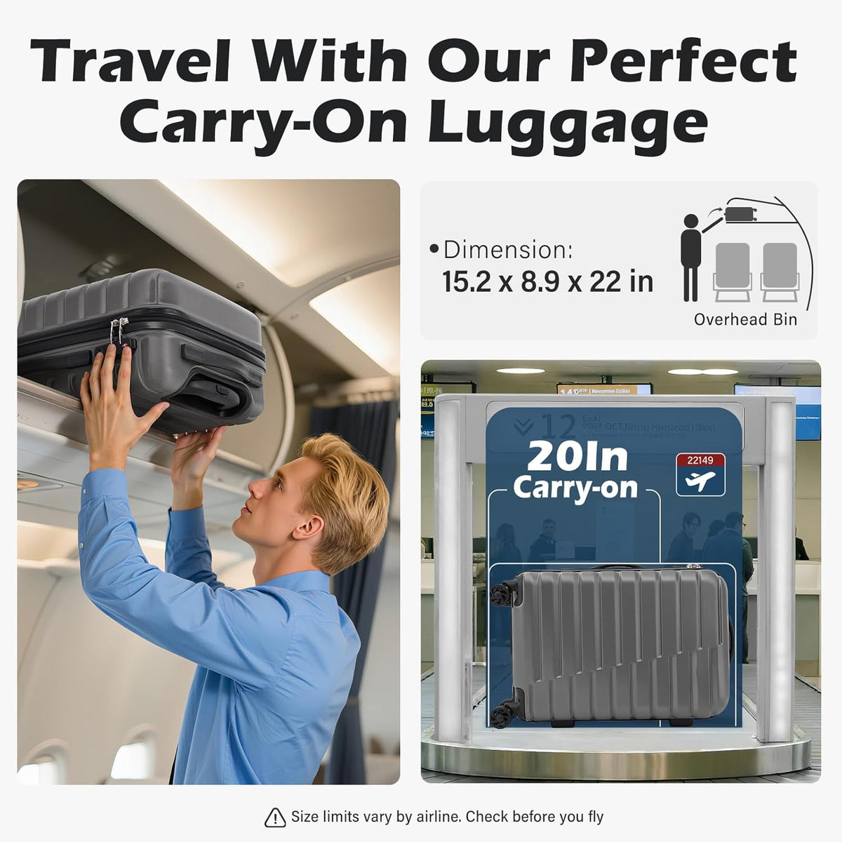 Carry On Luggage Airline Approved with Spinner Wheels, Hard Shell Suitcase TSA Lock Lightweight Travel Luggage 20-inch,Blue