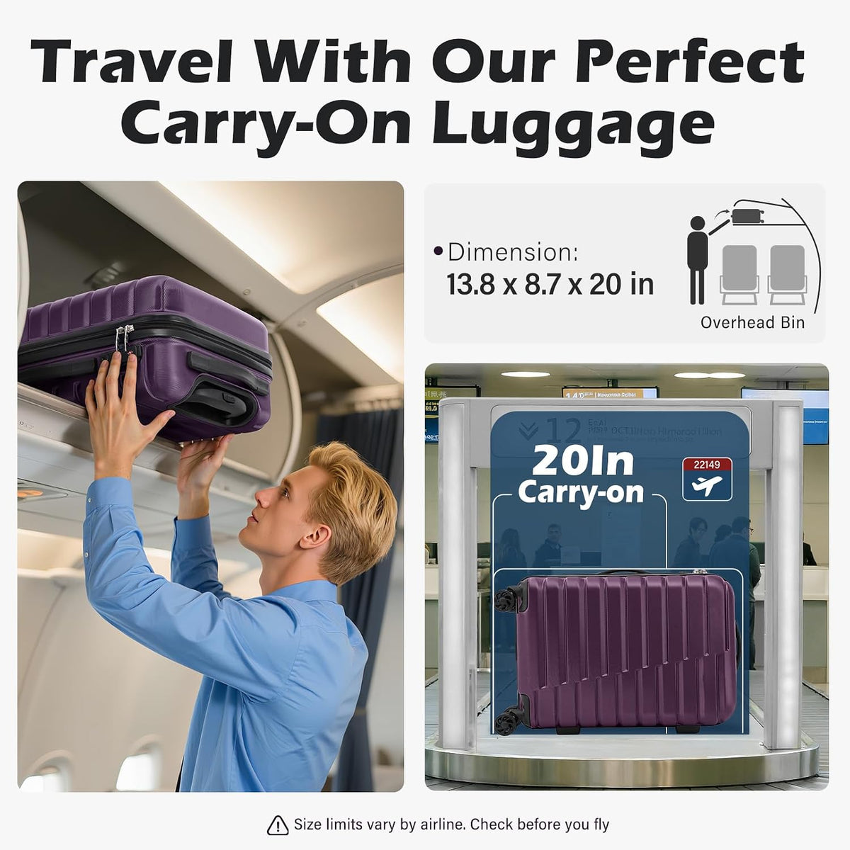 Carry On Luggage Airline Approved with Spinner Wheels, Hard Shell Suitcase TSA Lock Lightweight Travel Luggage 20-inch,Blue
