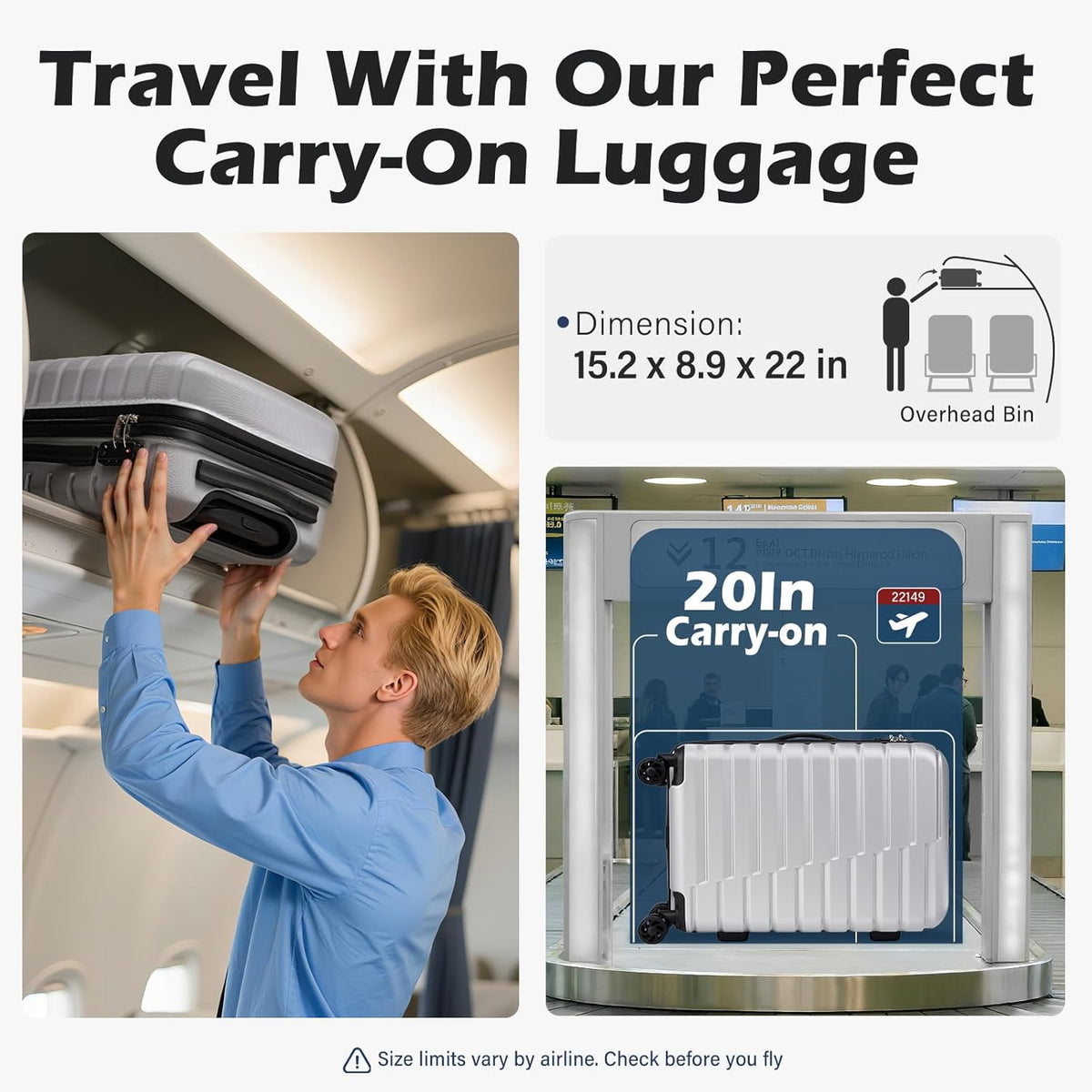 Carry On Luggage Airline Approved with Spinner Wheels, Hard Shell Suitcase TSA Lock Lightweight Travel Luggage 20-inch,Blue