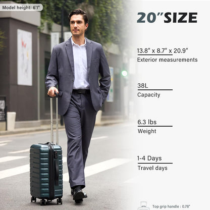 Carry On Luggage Airline Approved with Spinner Wheels, Hard Shell Suitcase TSA Lock Lightweight Travel Luggage 20-inch,Blue