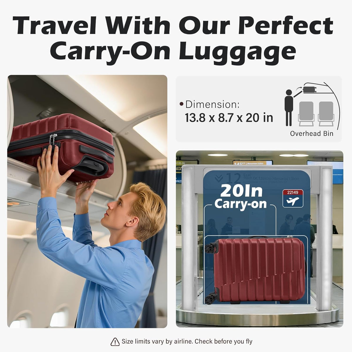 Carry On Luggage Airline Approved with Spinner Wheels, Hard Shell Suitcase TSA Lock Lightweight Travel Luggage 20-inch,Blue