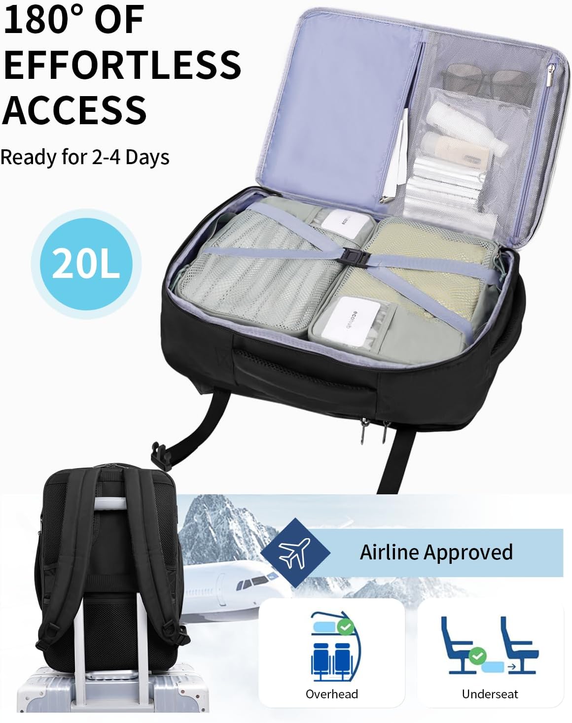 17" Small Unisex Travel Backpack United Airlines Approved 17x10x9 Friendly Suitcase Anti-Theft Lockable Zippers Style Personal Item Bag Travel Essentials with 12 Pockets Water Resistant, Blue