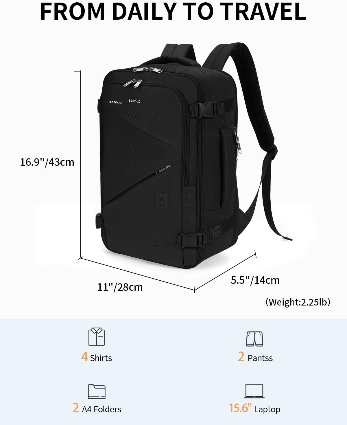 17" Small Unisex Travel Backpack United Airlines Approved 17x10x9 Friendly Suitcase Anti-Theft Lockable Zippers Style Personal Item Bag Travel Essentials with 12 Pockets Water Resistant, Blue