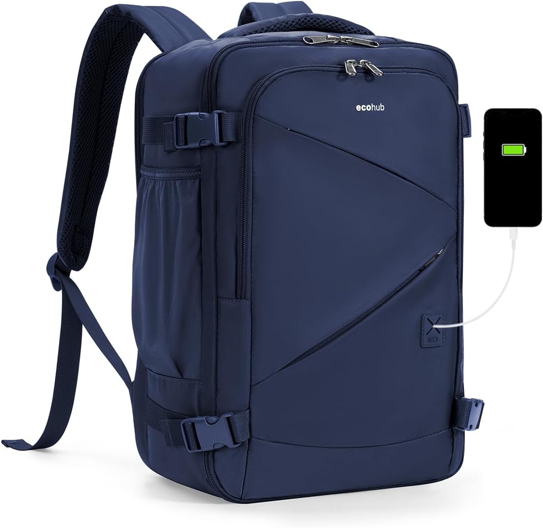 17" Small Unisex Travel Backpack United Airlines Approved 17x10x9 Friendly Suitcase Anti-Theft Lockable Zippers Style Personal Item Bag Travel Essentials with 12 Pockets Water Resistant, Blue