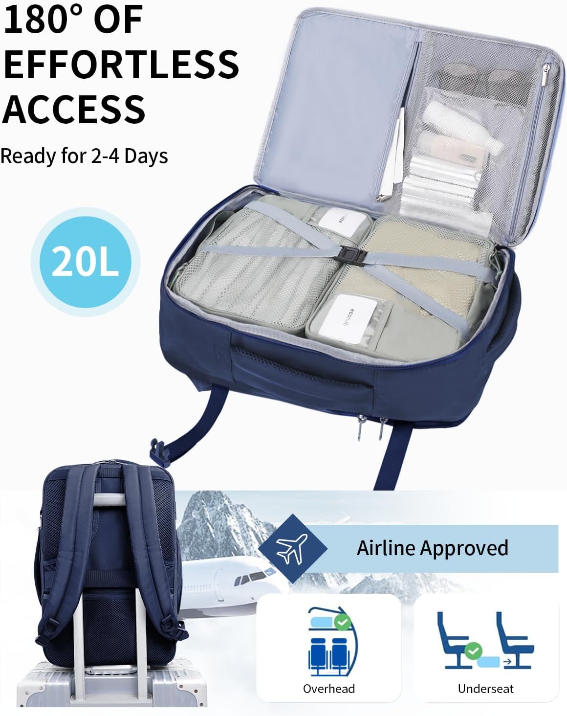17" Small Unisex Travel Backpack United Airlines Approved 17x10x9 Friendly Suitcase Anti-Theft Lockable Zippers Style Personal Item Bag Travel Essentials with 12 Pockets Water Resistant, Blue