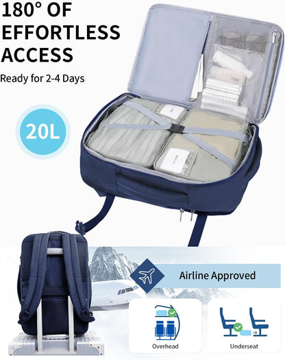 17" Small Unisex Travel Backpack United Airlines Approved 17x10x9 Friendly Suitcase Anti-Theft Lockable Zippers Style Personal Item Bag Travel Essentials with 12 Pockets Water Resistant, Blue