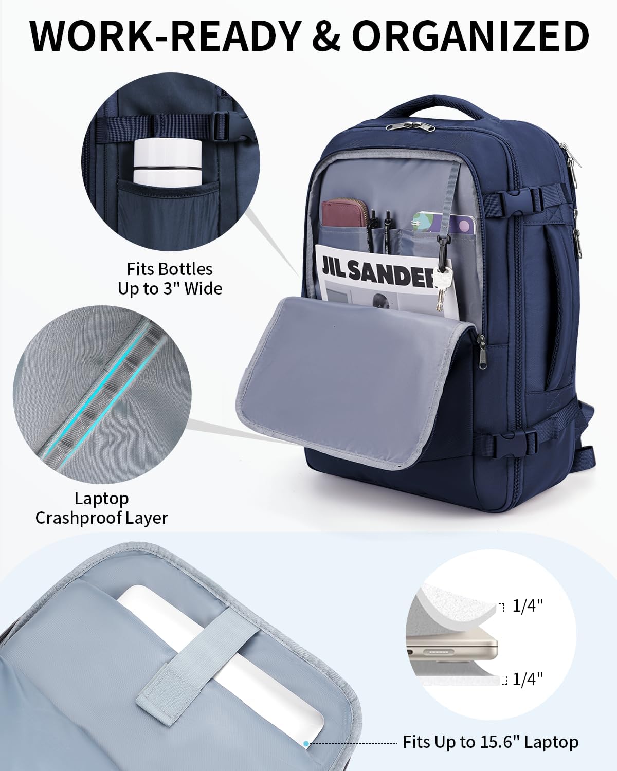 17" Small Unisex Travel Backpack United Airlines Approved 17x10x9 Friendly Suitcase Anti-Theft Lockable Zippers Style Personal Item Bag Travel Essentials with 12 Pockets Water Resistant, Blue