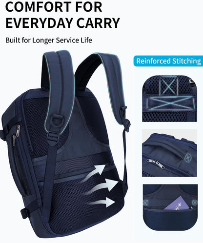 17" Small Unisex Travel Backpack United Airlines Approved 17x10x9 Friendly Suitcase Anti-Theft Lockable Zippers Style Personal Item Bag Travel Essentials with 12 Pockets Water Resistant, Blue